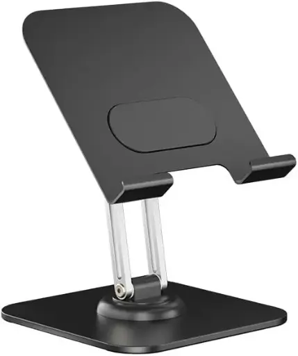 [717504544106] Soporte Tablet - Accesorios Escritorio Ajustable & Plegable - Soporte Universal para Mesa - Giratorio 360° con Sonido Antiestrés - Aluminio Negro
